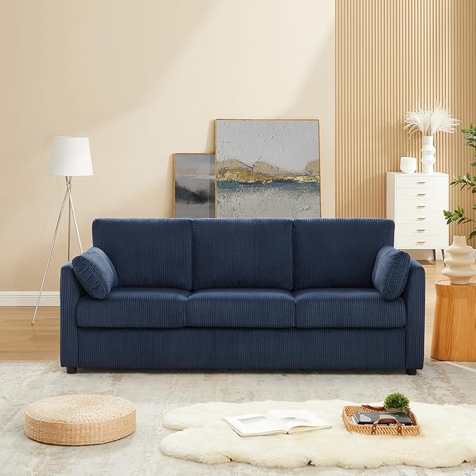 3 Seater Couches for Living Room, 79" Modern Corduroy Sofa with 2 Pillows and Storage Pockets, Comfy Upholstered Couches for Apartment, Small Spaces, Home Office, Navy Blue
