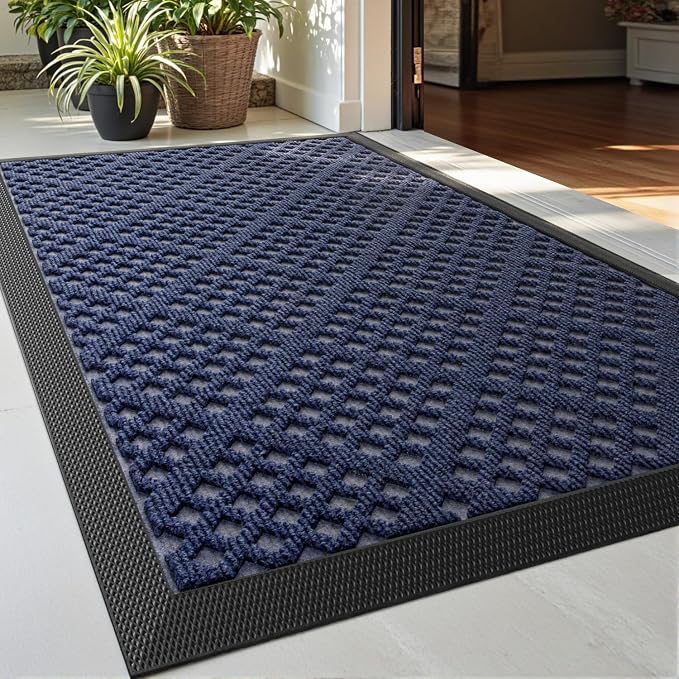 DEXI Front Door Mat Outside Entrance, 17x30 Entryway Rubber Back Doormat Heavy Duty, Non Slip Low Profile Welcome Entry Mats for Inside House Floor Exterior Patio, Blue by DEXI