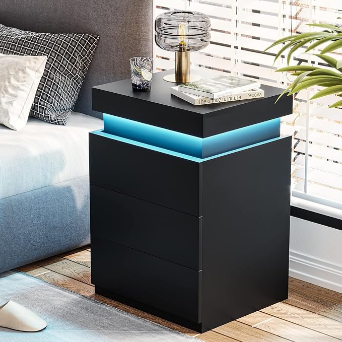 Black Nightstand with Charging Station and LED Light,27'' Tall Night Stand with Sliding Top for Bedroom, Bedside Table with 3 Drawers, Modern End Side Table for Living Room - Image 8