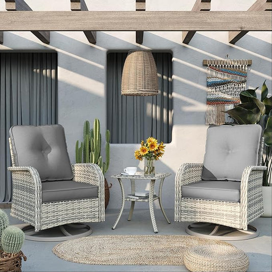 Patio Rocking Swivel Chair Outdoor Wicker Rattan Bistro Set with Tempered Glass Table, Outdoor Patio Furniture Set for Garden, Deck and Balcony, Light Grey