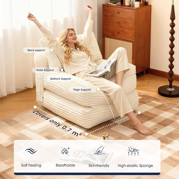 KINGYES Folding Sofa Bed, Corduroy Convertible Sleeper Chair with Pillow, Foldable Single Futon Chair for Living Room, Beige