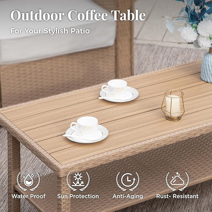 Patio Furniture Set 6 pcs, Wicker Outdoor Patio Furniture, 3-Seat Sofa, 4 Single Sofas and Coffee Table, Rattan Outdoor Conversation Set for Backyard Deck, Beige