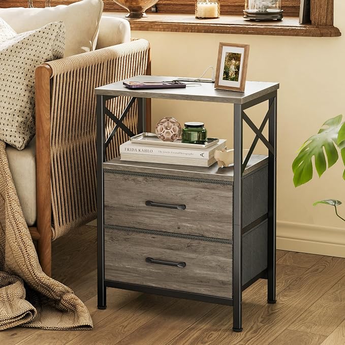 Huuger Night Stand with Charger Station, 2 Drawer Nightstand with Open Shelf, Bed Side Table with USB-C Port, End Table, Compact Size for Small Spaces, X Shaped Side Rail, Oak - Image 6