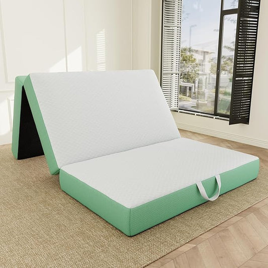 ROXGOX Memory Foam Trifold Mattress, Twin Portable Floor Bed 6 Inch, Foldable Mat with Washable Cover, Handle & Non-Slip Bottom, for RV, Travel, Camping, Yoga, 75"x38"x6", White Green