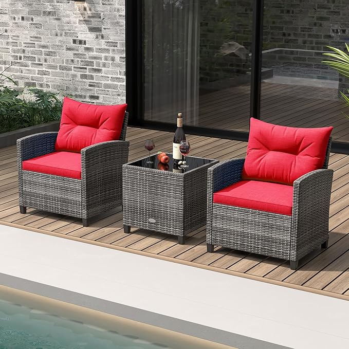 KOTEK 3 Piece Patio Furniture Set, Outdoor PE Rattan Conversation Set with Washable Cushions & Tempered Glass Tabletop, Wicker Chairs and Table Set for Porch, Garden, Balcony (Red)