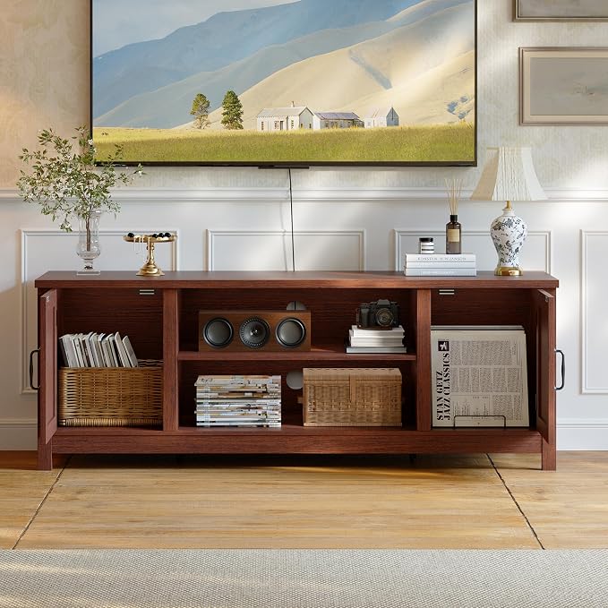 ChooChoo 54" Farmhouse TV Stand for TVs up to 65 inches, Entertainment Center with Storage Cabinets, Open Shelves and Fluted Door, TV Console Table for Living Room, Bedroom, Walnut - Image 6