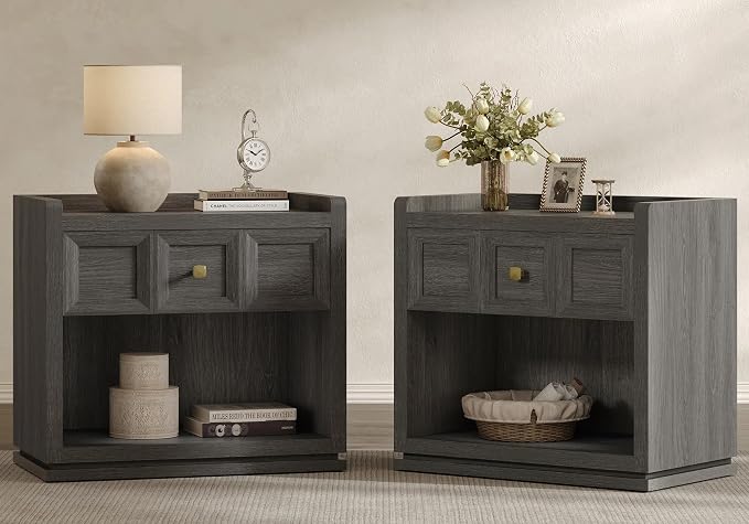SICOTAS Night Stand Set 2, 26" Wide Nightstands with Drawer, Large Queen Size Nightstands Set of 2, Modern Bedside Table for Bedroom, Side End Table (Dark Grey Oak, 26-Inch) by SICOTAS