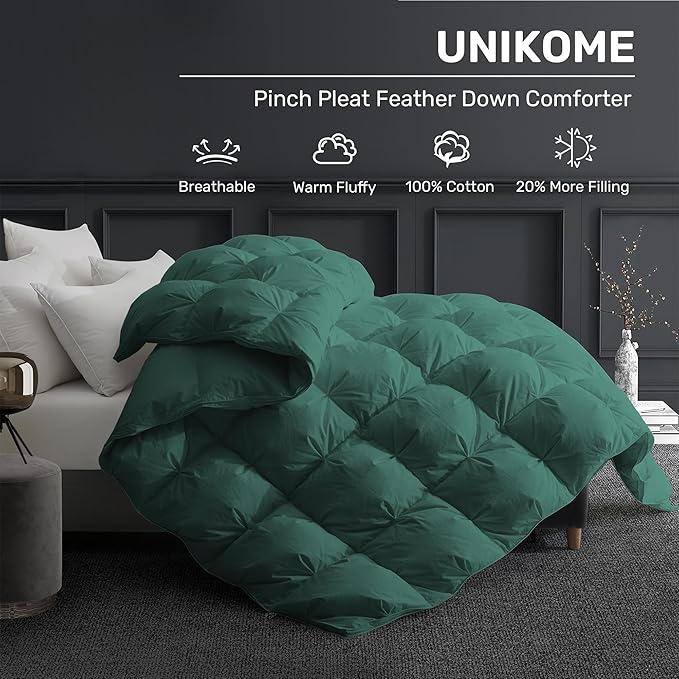 UNIKOME Pinch Pleat Goose Feather Down Comforter - 20% Extra Fill, 90oz, All Season Duvet Insert with 100% Cotton Cover, Cloud-Like Fluffiness (Green, Queen/Full, 90"X90")