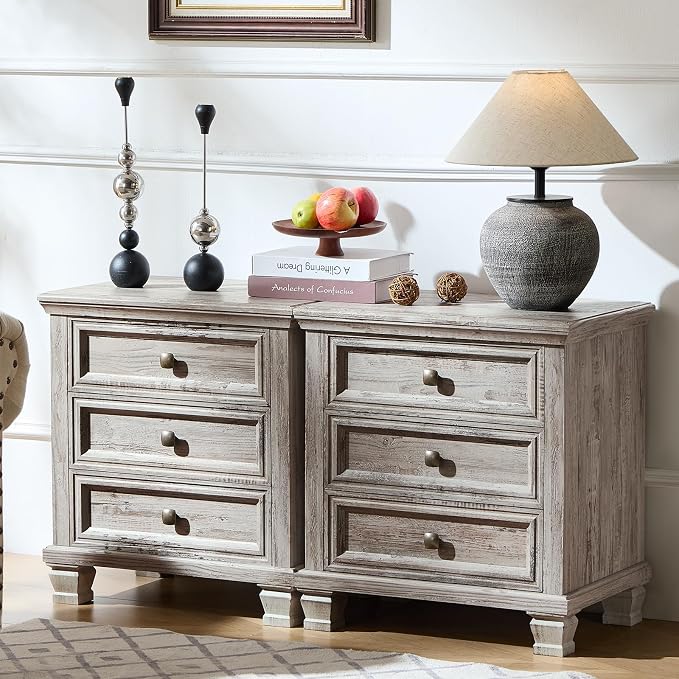 SAVOR LIFE Farmhouse Nightstand Set of 2, Rustic Accent End Table with 3 Drawers & 4 Square Solid Wood Legs, Vintage Bed Side Table with Storage, Small Dresser for Bedroom, Living Room, Grey by SAVORLIFEFurniture