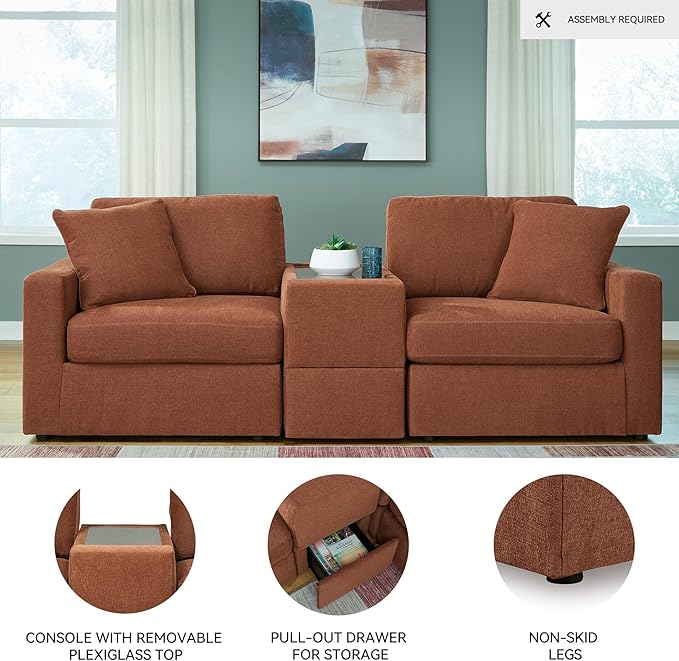 Signature Design by Ashley Modmax Urban Modular Stain Resistant 3-Piece Sectional with Storage Console, Drawer and 2 Accent Pillows, Orange