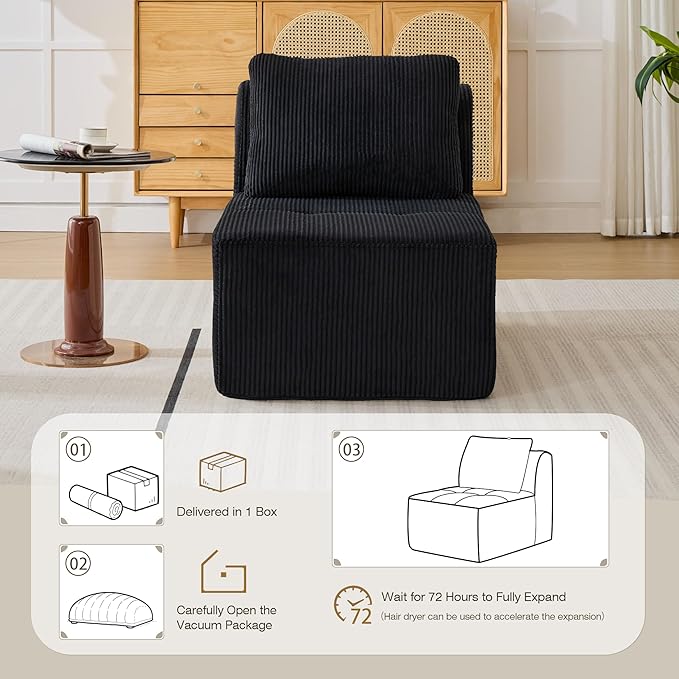 Modular Sectional Sofa, Boneless Couches for Living Room, Corduroy Couch, Big Comfy Couch, Modular Cloud Sofa with Deep Seat (Black, 1 Piece-Middle Seat)