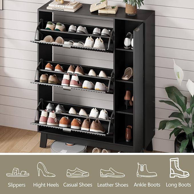 Shoe Cabinet Storage for Entryway with 3 Flip Drawers & Side Cabinet, Fluted Narrow Shoe Organizer with Wooden Leg, Freestanding Shoe Storage Hidden Shoe Rack Organizer for Front Door Entrance, Black - Image 4