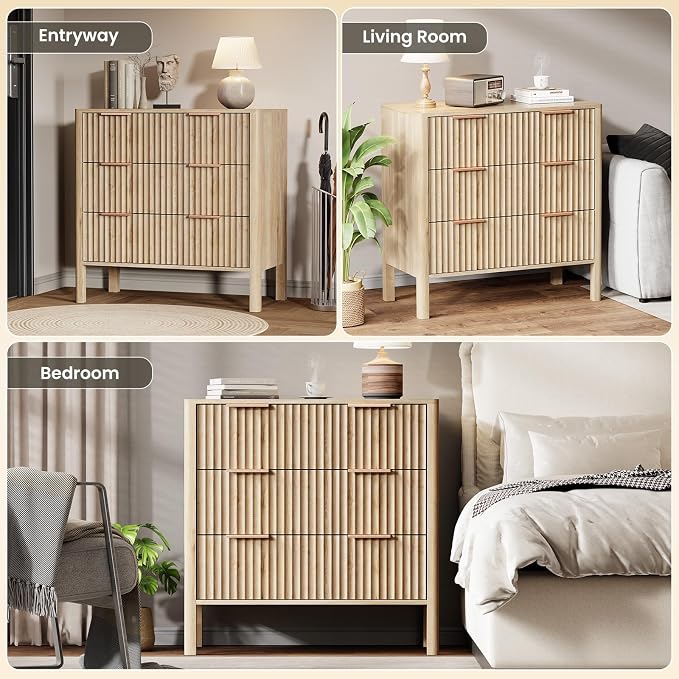 MODNEST 32" Fluted Nightstands Set of 2, Bed Side Tables with Drawers for Bedroom Mid Century Modern Night Stand Wood Nightstand Large End Table Bedroom Set, Oak - Image 7