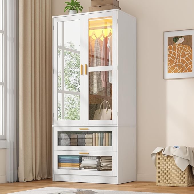 2 Doors Armoire Wardrobe Closet with LED and Mirror,71" H Freestanding Wooden Wardrobe Closet Cabinet for Bedroom w 2 Drawers,Wooden Clothing Storage Cabinet w Hanging Rod,Closets for Bedroom(White)