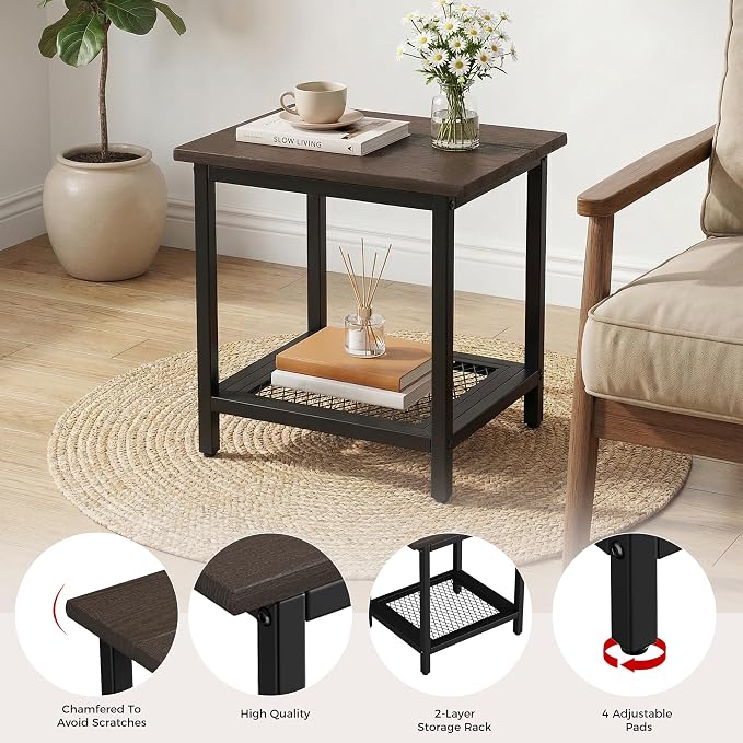 2-Tier Outdoor Side Table with Storage, Weather Resistant Patio End Table, HDPS Small Accent Table for Deck, Garden, Pool, Backyard, Brown - Image 7