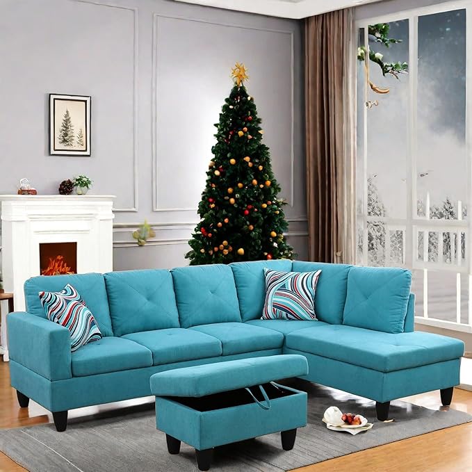 FONTOI L Shaped Sectional Couch with Otttoman, 97" Sectional Sofa for Living Room Flannel Modular Couches with Cup Holders for Bedroom, Apartments, Light Blue