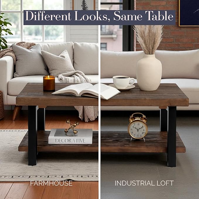 Alaterre Furniture Pomona Living Room Tables – 42 Inch Rectangular Solid Wood Coffee Table with Storage Shelf & Metal Legs – Rustic Industrial Farmhouse Living Room Table (Rustic Brown)