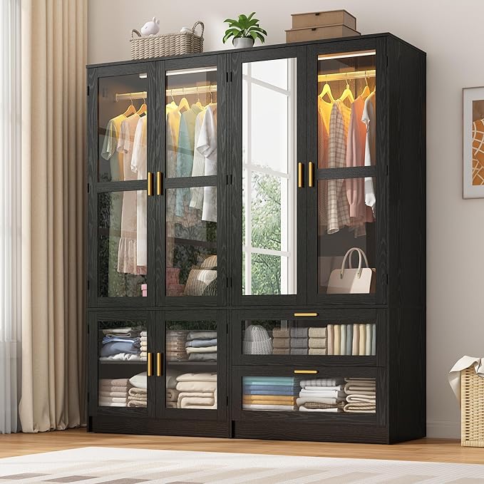4 Doors Armoire Wardrobe Closet with LED and Mirror,71" H Freestanding Wooden Wardrobe Closet Cabinet for Bedroom w 2 Drawers,Wooden Clothing Storage Cabinet w Hanging Rod,Closets for Bedroom(Black)