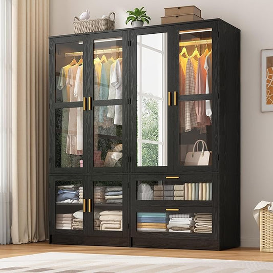 4 Doors Armoire Wardrobe Closet with LED and Mirror,71" H Freestanding Wooden Wardrobe Closet Cabinet for Bedroom w 2 Drawers,Wooden Clothing Storage Cabinet w Hanging Rod,Closets for Bedroom(Black)