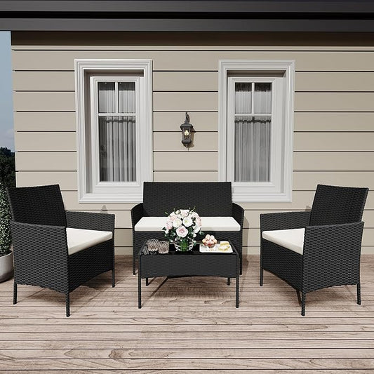 4 Pieces Patio Furniture Sets, Outdoor Wicker Conversation Sets with Soft Cushion and Glass Table, All Weather Manual Rattan Chairs for Garden, Terrace, Porch, Lawn, Poolside, Black and Beige