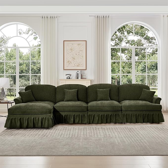 KEIKI Mid Century Modular Sofa with Flared Arms and Skirted Design, 137“ Oversized 4-Seater with Ottoman Luxury Chenille L-Shaped Sectional Couches for Living Room, Chaise Lounge Indoor, Green