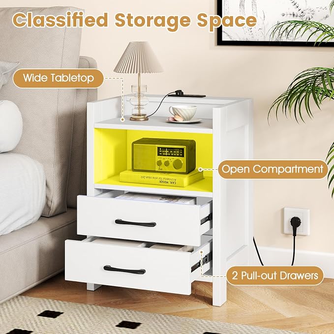 KOMFOTT Nightstand with LED Lights & Charging Station, 23.5” Smart Bedside Table with 2 Drawers & Open Storage Shelf, USB Port & Outlets, Modern End Side Table for Bedroom, White - Image 6