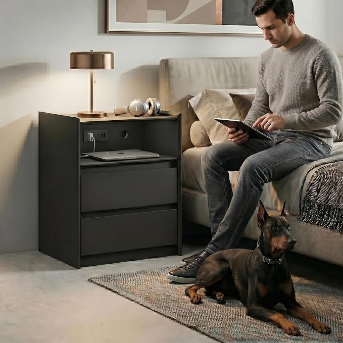 24" Tall Nightstand with Charging Station Including USB-C, Modern Bedside Table and Sofa End Table - Black, 2 Drawers, Set of 2 - Image 9