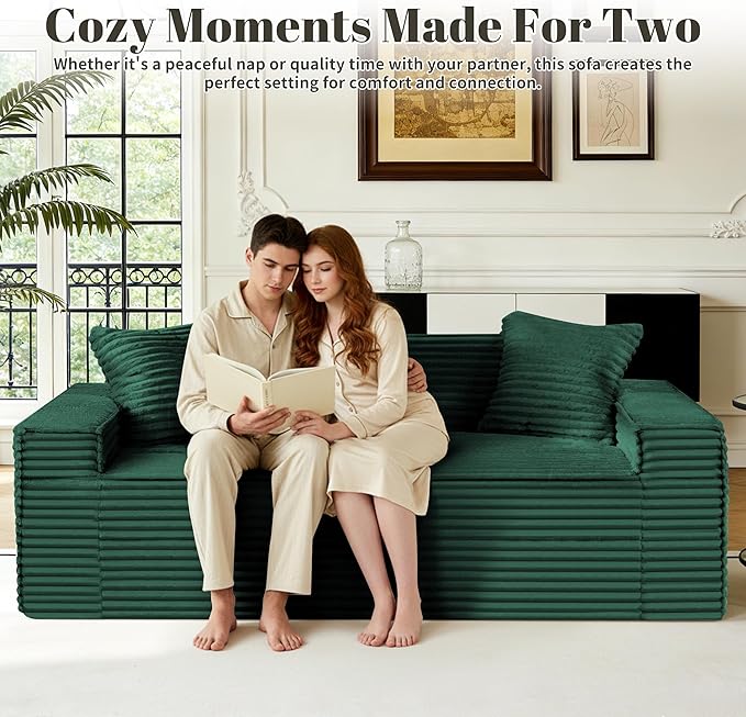 75" Cloud Loveseat Sofa, 26" Deep Seat Boneless Couches for Living Room, Modern 3 Seater Sofa with Throw Pillows, Corduroy Compression Sofa in Box, No Assembly Couch for Bedroom, Dorm, Dark Green