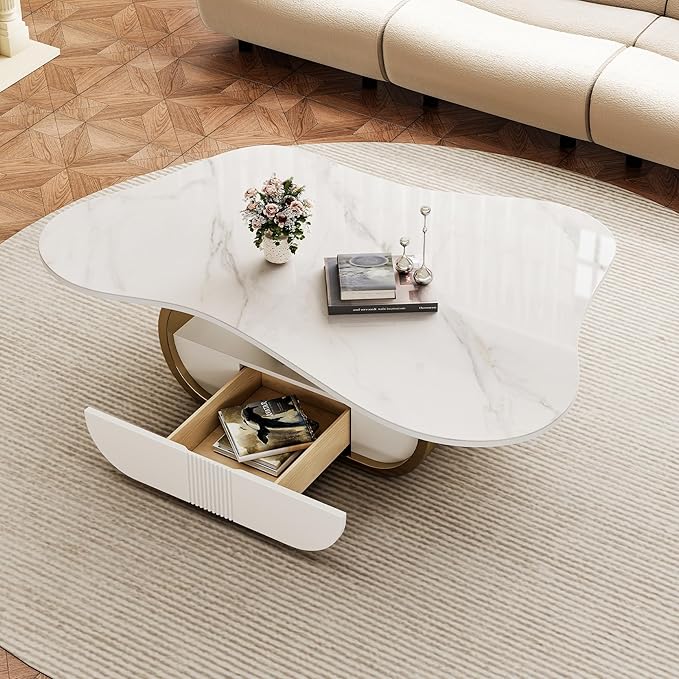 41.7 Inch Marble Coffee Table with Storage Drawer, Modern Butterfly Design, Sintered Stone Top and Gold Stainless Steel Base for Living Room, Scratch Resistant and Easy Assembly