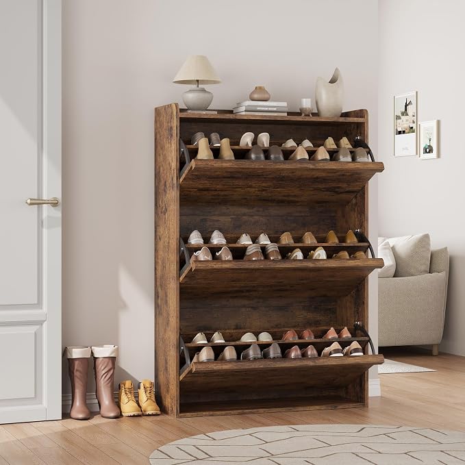 GarveeHome Shoe Cabinet with 3 Flip Drawers, Wooden Shoe Organizer Cabinet with Adjustable Shelf, Shoe Storage for Entryway, Hidden Shoe Cabinet for Hallway, Living Room, Rustic Brown - Image 7