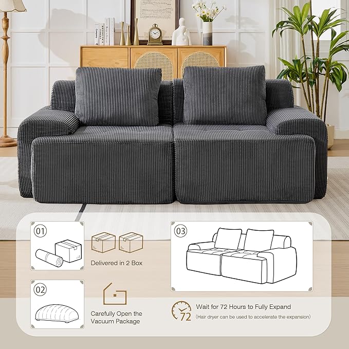 Modular Sectional Sofa, Boneless Couches for Living Room, Corduroy Couch, Big Comfy Couch, Modular Cloud Sofa with Deep Seat (Grey, 2 Pieces-Loveseat)