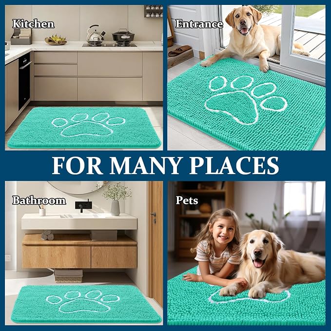 OLANLY Dog Door Mat for Muddy Paws 59x35, Paw Print Design, Absorbs Moisture and Dirt, Absorbent Non-Slip Washable Doormat, Quick Dry Chenille Mud Mat for Dogs, Entry Indoor Entryway Carpet, Teal - Image 8