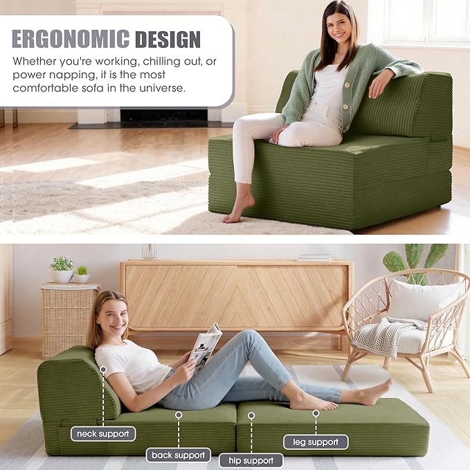 Folding Sofa Bed with Pillow, Memory Foam Fold Out Chair Bed, Convertible Sleeper Chair with Washable Cover, Futon Floor Couch for Living Room/Dorm/Guest Use/Home Office/Apartment, Green