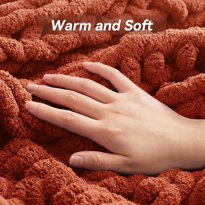 Negwoo Chunky Knit Throw Blanket, 60''*80'' Fall Throw Blanket Knitted Chenille Yarn for Bed Couch, Handmade Orange Crochet Big Thick Blanket, Machine Washable Cute Comfy Blankets for Home Decor