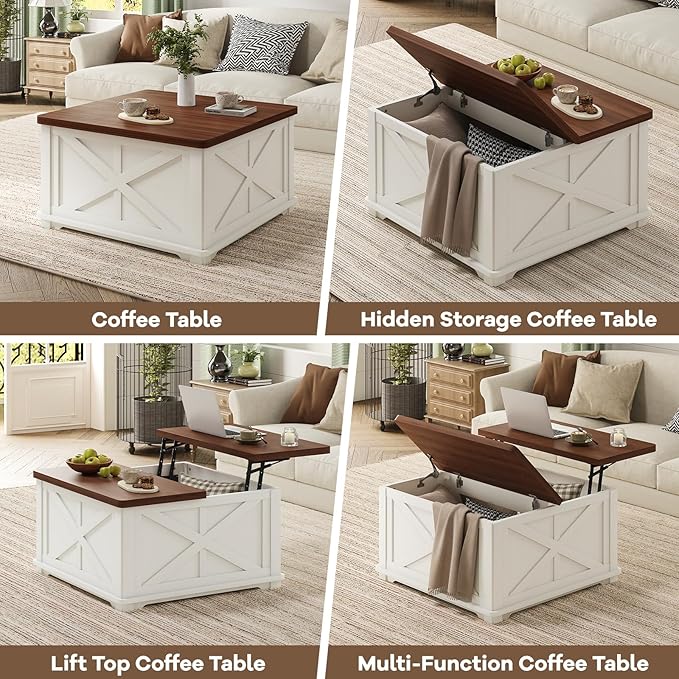 Farmhouse Coffee Table with Hydraulic Lifter, Square Coffee Table with Large Hidden Storage Compartment for Living Room, Wooden Coffee Tables with Brown Flip-Top Lids for Home Office, White