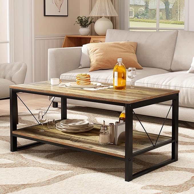 Rectangle Coffee Table Tea Table with Storage Shelf, Farmhouse Wooden Coffe Table for Living Room Table, 40" Rustic Center Table 2-Tier Minimalist Coffee Table Easy Assembly (Natural Wood)