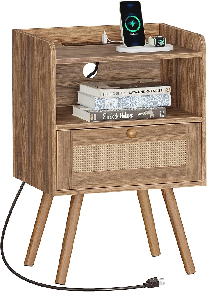 SUPERJARE Nightstand with Charging Station & Rattan-Like Decor Drawer, Rattan End Table with Solid Wood Feet, Bed Side Table with Open Storage, for Bedroom, Living Room, Dormitory, Walnut by SUPERJARE