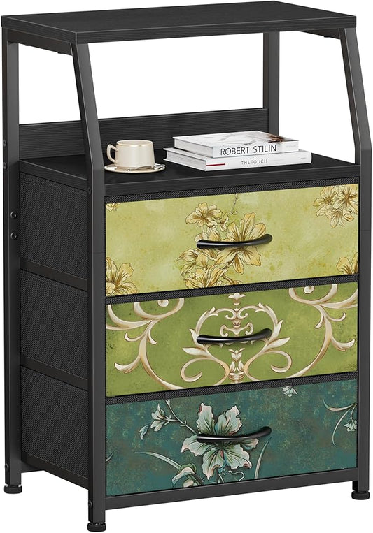 Furnulem Retro Night Stand with 3 Drawers and 2-Tier Shelf, Small Nightstand Side Table, Vintage Storage Dresser for Bedroom, Fabric Drawer Organizer for Closet, Beside Furniture by Furnulem