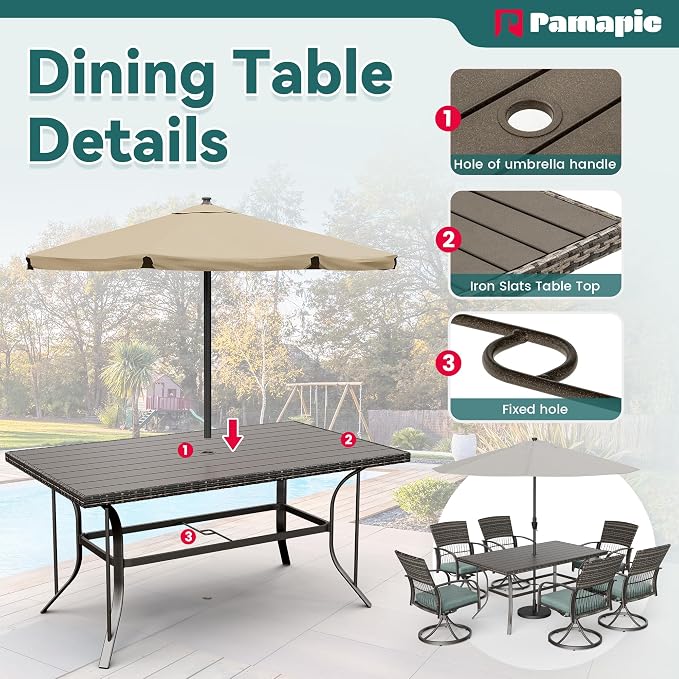 Pamapic 7 Piece Patio Dining Set for 6,Wicker Outdoor Furniture Set for Backyard Garden Deck Poolside with Iron Slats Table Top (Green, 7 PCS Swivel Chair & Fixed Chair) - Image 5