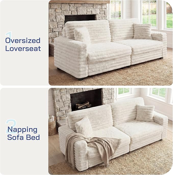 Plush Corduroy Sofa, Faux Fur Corduroy Loveseat, Oversized Deep Seat Sofa with 2 Pillows, Apartment and Small Space Sofas, Beige