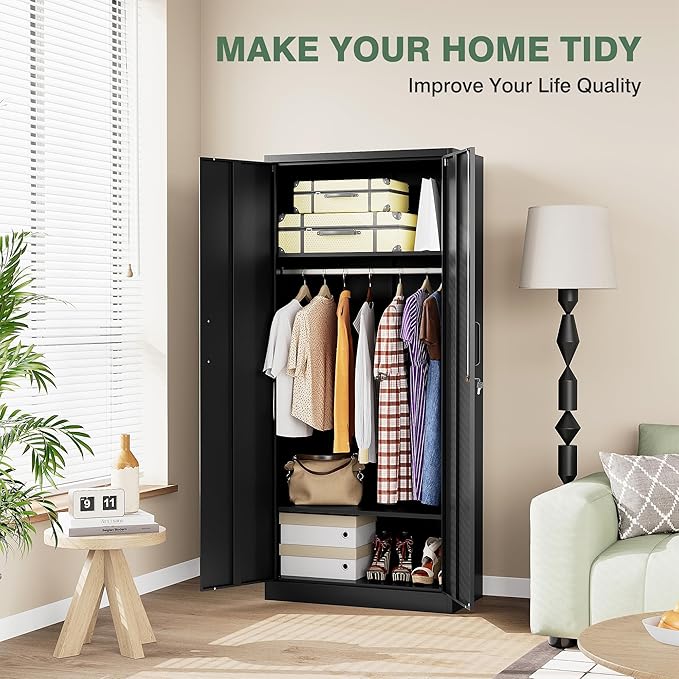 Metal Wardrobe Closet Cabinet,Armoire Wardrobe Closets Storage Cabinets with Doors and Shelves for Laundry Room,Bedroom,Home Office,Bathroom(Black)