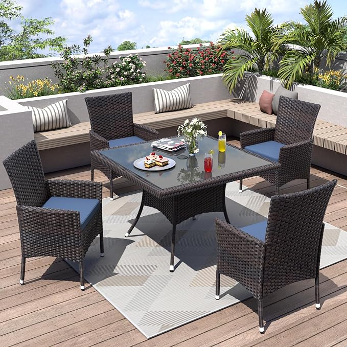 ALAULM 5 Piece Patio Dining Set All-Weather Wicker Outdoor Furniture Set w/Tempered Glass Tabletop, Removable Cushions and Umbrella Hole for Patio, Backyard, Garden, Poolside（Navy） by ALAULM
