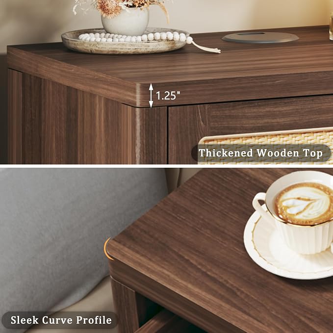 Rattan Nightstands Set of 2, Night Stand with Wireless Charging, Mid Century Modern Bedside Table with Drawer & Open Shelf, Curved Profile Design, End Side Table with Storage for Bedroom, Living Room - Image 4