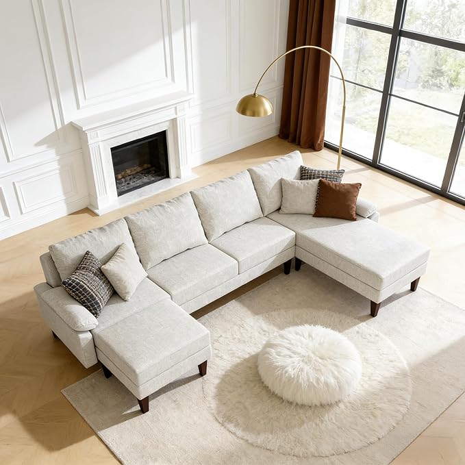 Modern L-Shaped Sectional Sofa with Storage Ottoman, Apartment Sectional Couch with Left Facing Chaise, 3-Piece Living Room Sofa Set, 115 Inch Furniture, Off-White