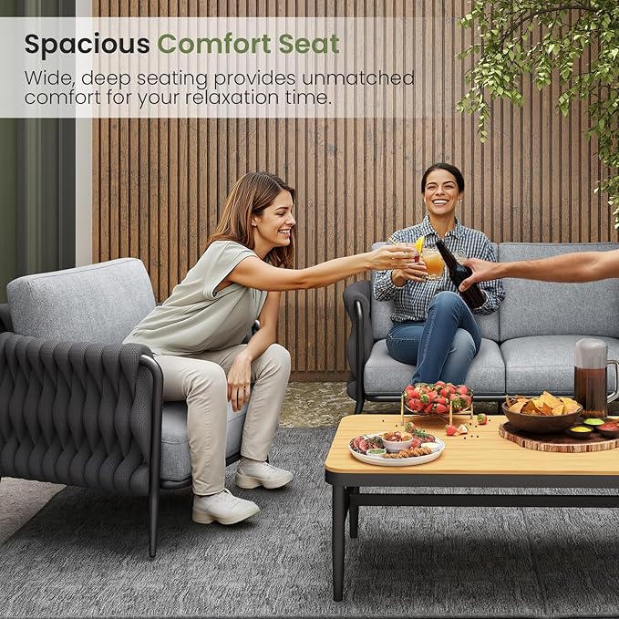 Outdoor Patio Sofa Set 5-Piece, Outdoor 4-Seat Couch Set with Coffee Table, Waterproof Thick Cushion Patio Conversation Set, All Weather Outdoor Furniture for Deck, Lawn, Balcony