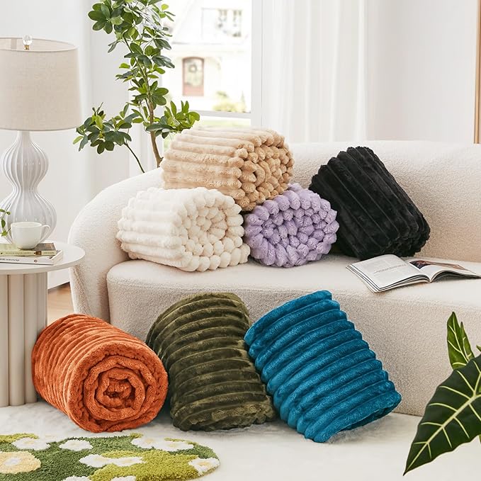 EXQ Home Fleece Throw Blanket for Couch or Bed - 3D Stripe Jacquard Decorative Blankets - Cozy Soft Lightweight Fuzzy Flannel Blanket Suitable for All Seasons(50"??60",Black)