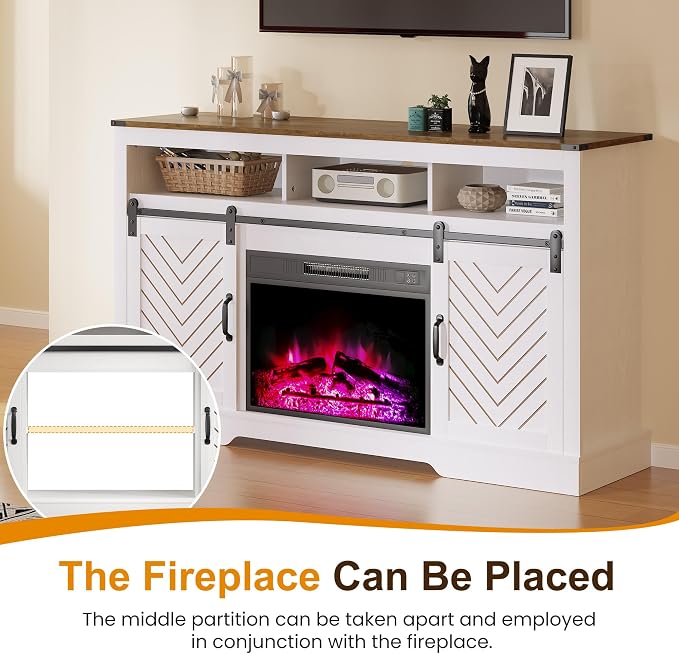 RoyalCraft Farmhouse TV Stand for 23" Electric Fireplace, Tall Entertainment Center for 65+ Inch TV, 34" Tall Rustic TV Console with Sliding Bar Door for Living Room, Wood-Tone and White - Image 8