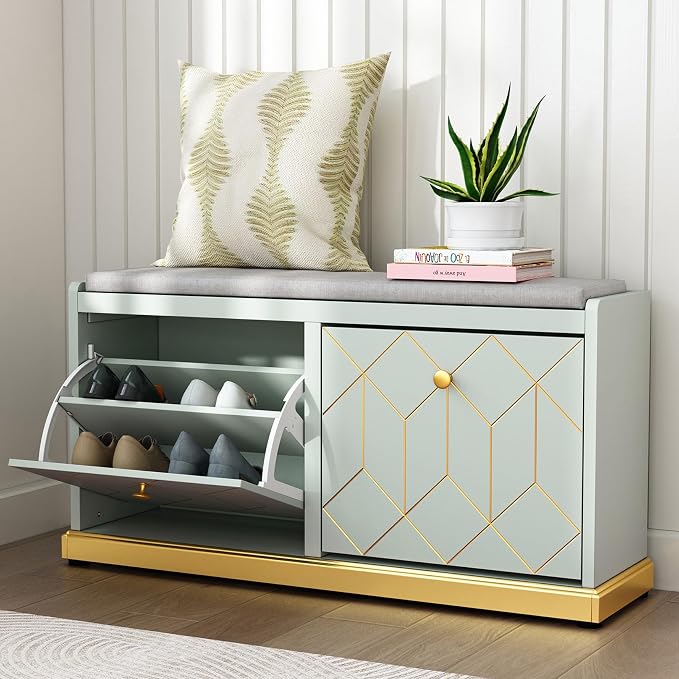 HLR Shoe Bench with Storage, Modern Entryway Bench with 2 Flip Drawer & Padded Cushion Seat, Shoes Storage Bench for Hallway, Closet, Living Room, Green Shoe Storage Cabinet with Bench by HomeDeservesaRelaxLiving