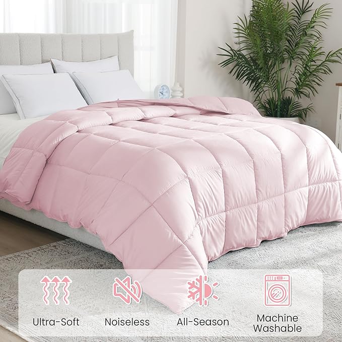 Peace nest Queen Size Goose Feather Fiber and Down Comforter Fluffy Duvet Insert All Season Hotel Luxury Bedding Comforters Soft Medium Warmth 88x88 Inches Pink