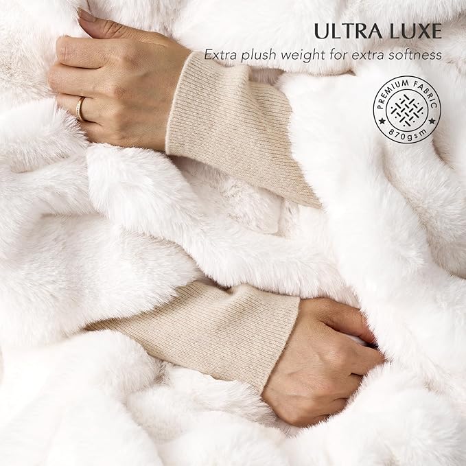 EverGrace Ultra Soft Luxury Fluffy Faux Rabbit Fur Throw Blanket, Thick Warm Bubble Throw for Bed, Cozy Plush Reversible Blankets for Couch, Chair, Sofa, Ivory White, 80x90 Inches
